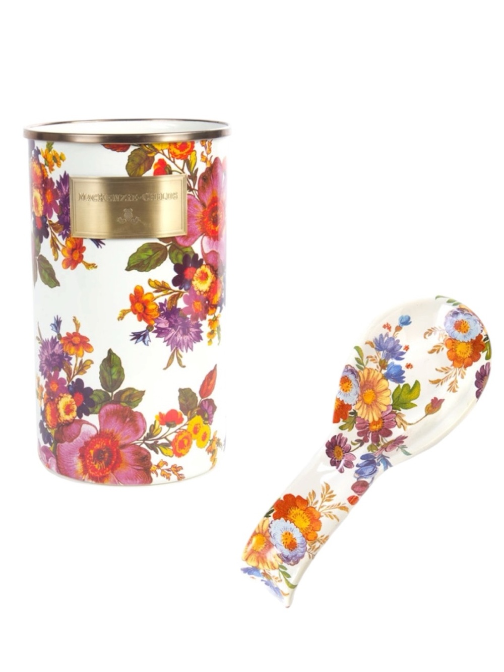 McKenzie Childs  Flower Market Enamel Spoon Rest & Utensil Holder Set